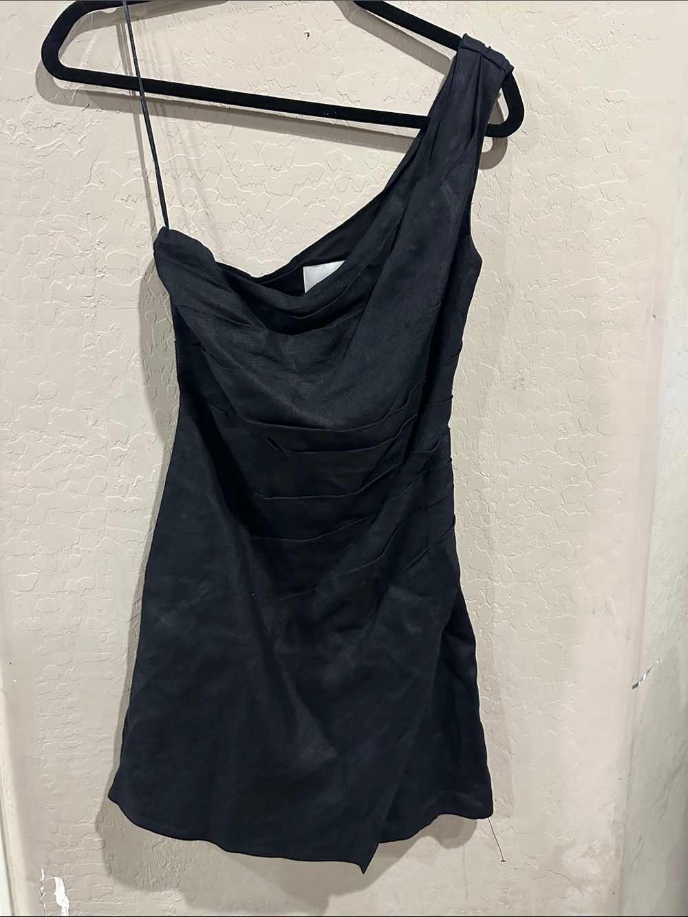 Reformation Black One-Shoulder Draped 100% linen Mini Dress